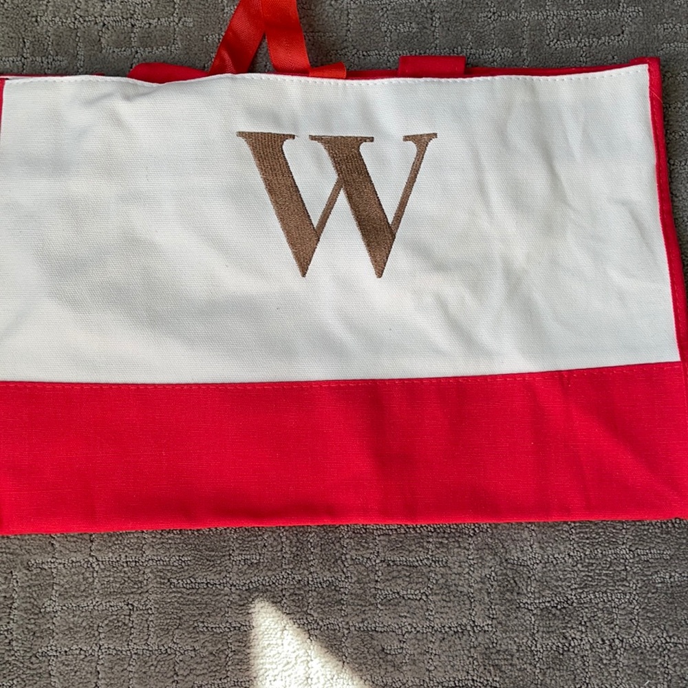 Embroidered W red & Natural canvas Tote bag